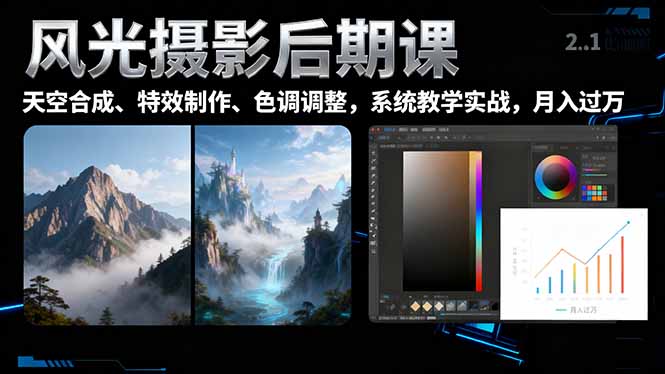 风光摄影后期课，一键换天空合成、特效制作、色调调整，月入过万-摇钱述
